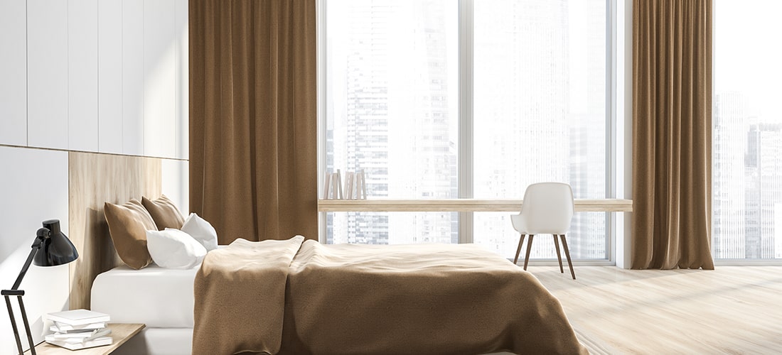 Privacy curtains with pelmet detail